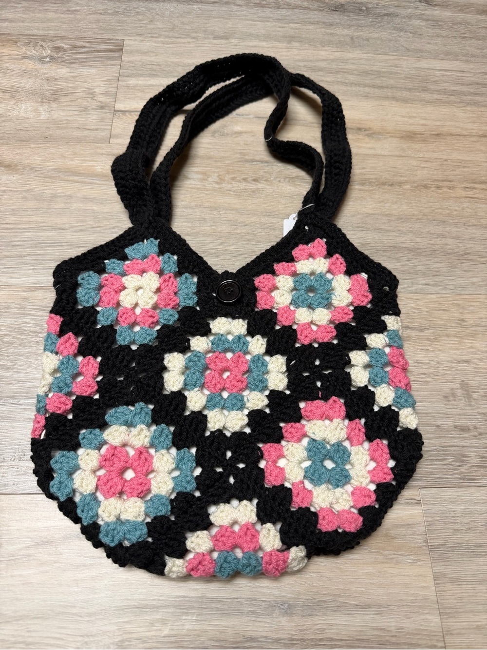 Crocheted Floral Patchwork Tote Bag in Black with Pink, Cream & Teal